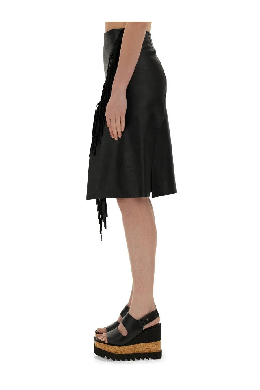 Stella McCartney women’s black leather skirt with fringe detailing shown from the front