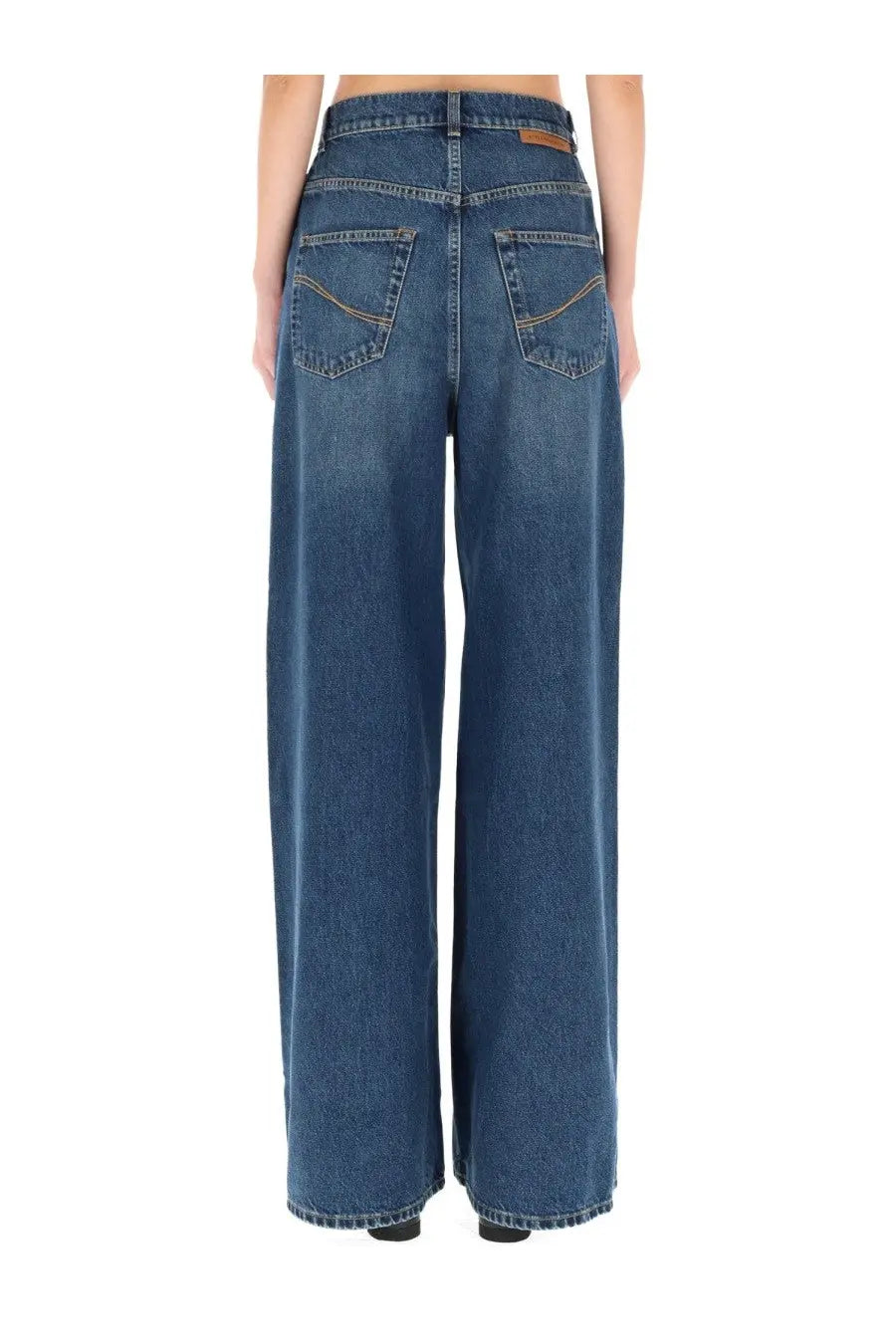 Dark blue denim stella mccartney women’s high waist jeans with wide-leg cut and classic back pockets back side view