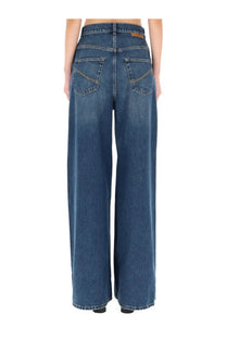 Dark blue denim stella mccartney women’s high waist jeans with wide-leg cut and classic back pockets back side view