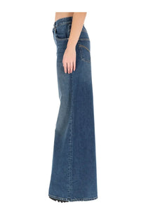 Stella McCartney women’s high waist blue denim flare jeans with classic five-pocket design and frayed hem