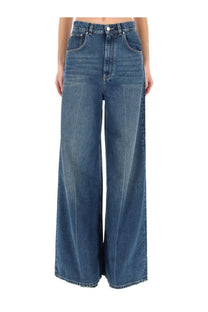 Stella McCartney women’s high waist jeans in medium blue wash with wide-leg denim and classic button closure