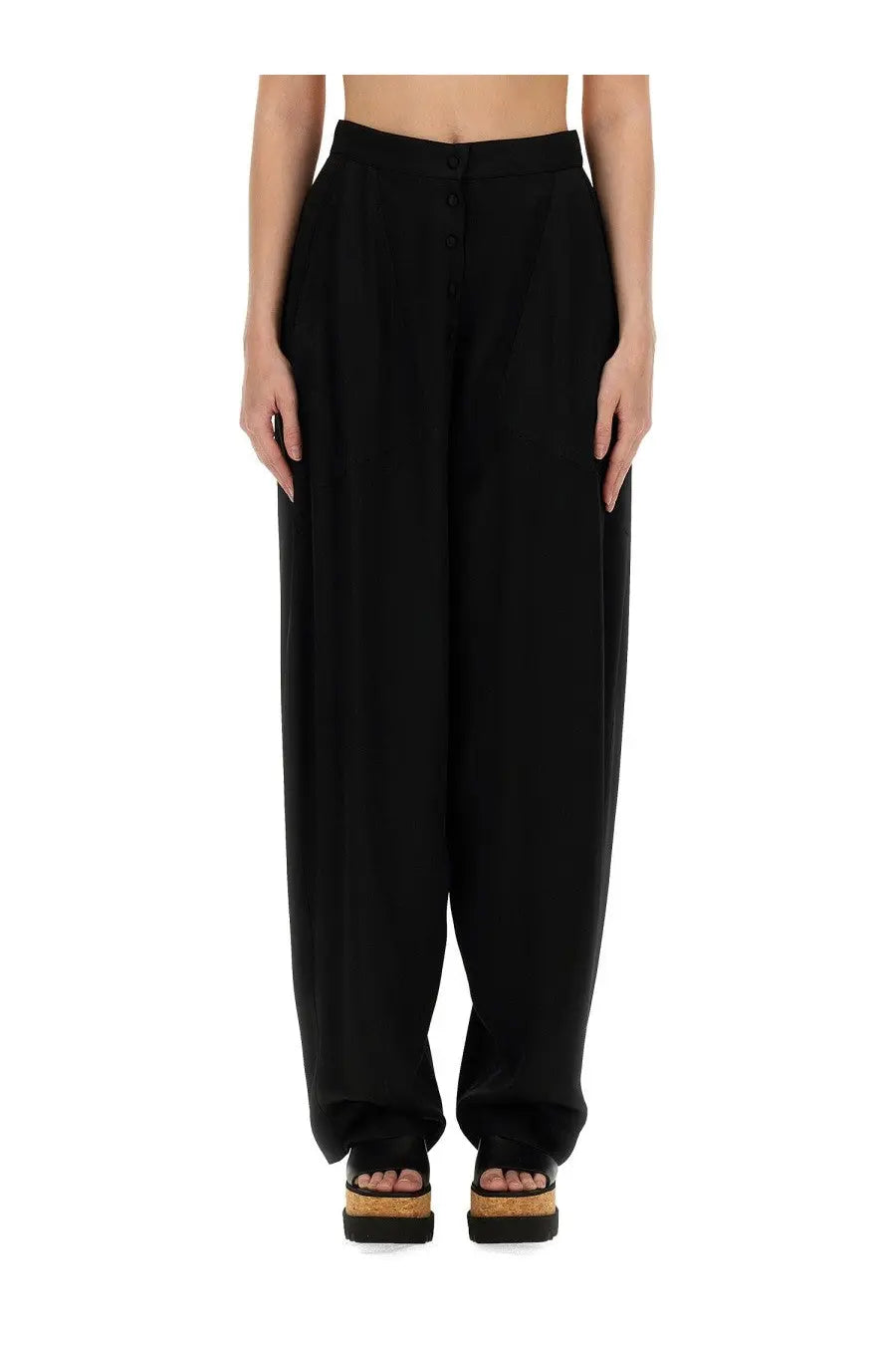 Stella McCartney women’s high waist black wide leg trousers made from soft flowing fabric for elegant wear