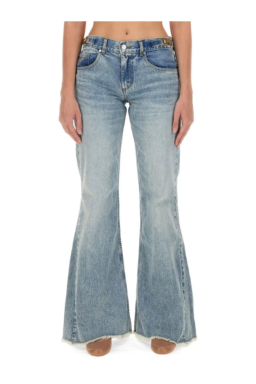 Stella McCartney women’s bootcut blue jeans in light-wash denim with frayed hems and gold-tone belt loops
