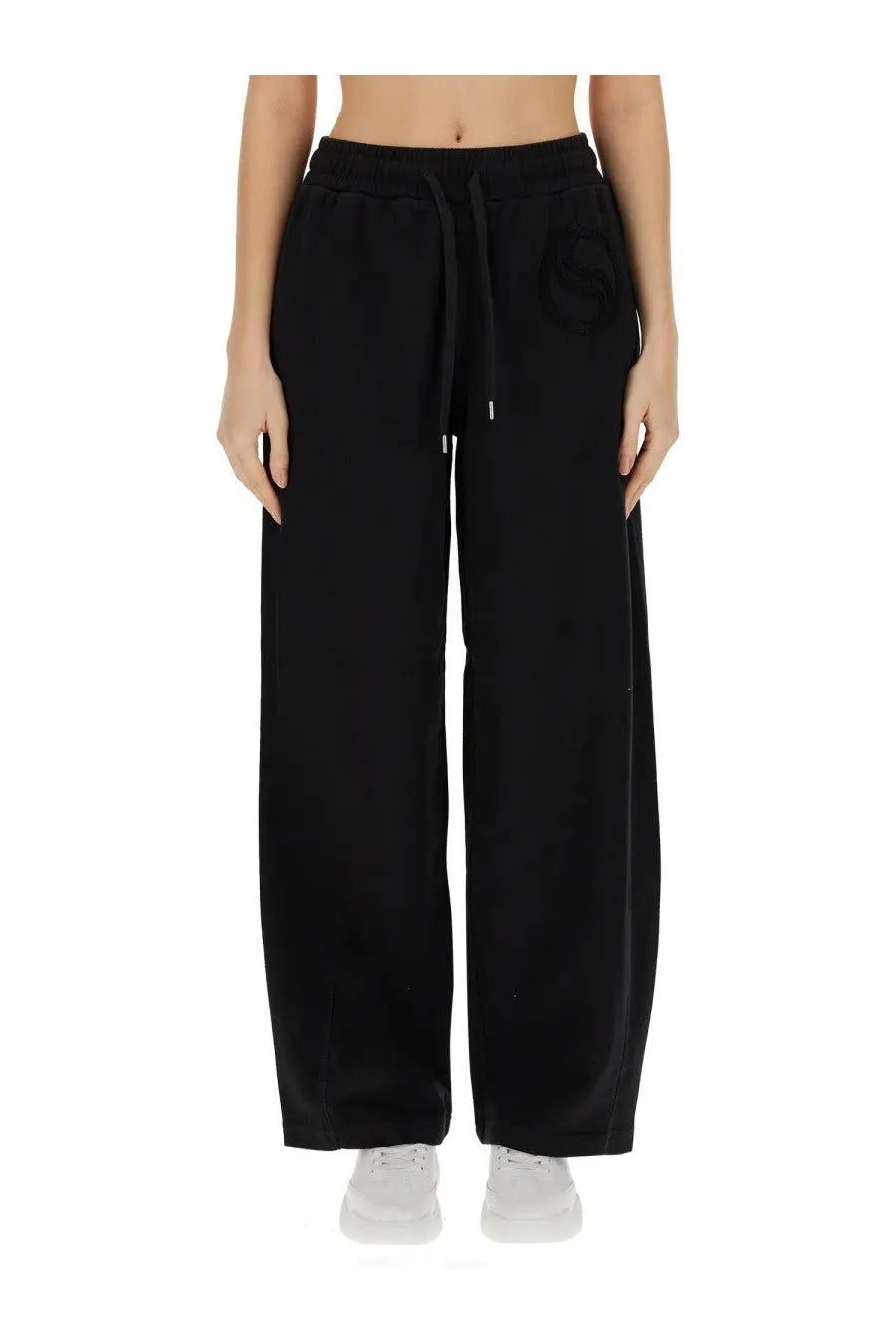 Stella McCartney women’s black wide-leg jogging pants with drawstring waistband and subtle side pockets
