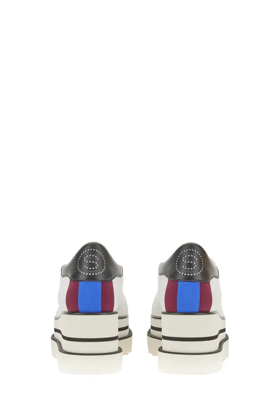 Stella mccartney women’s lace white platform sneakers with black studded heel tab and blue burgundy side stripes