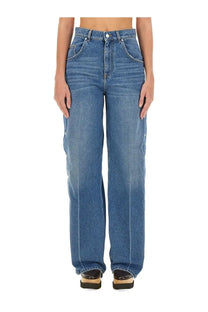 Stella McCartney women’s loose fit high-waisted blue denim jeans with straight-leg cut and classic stitching details