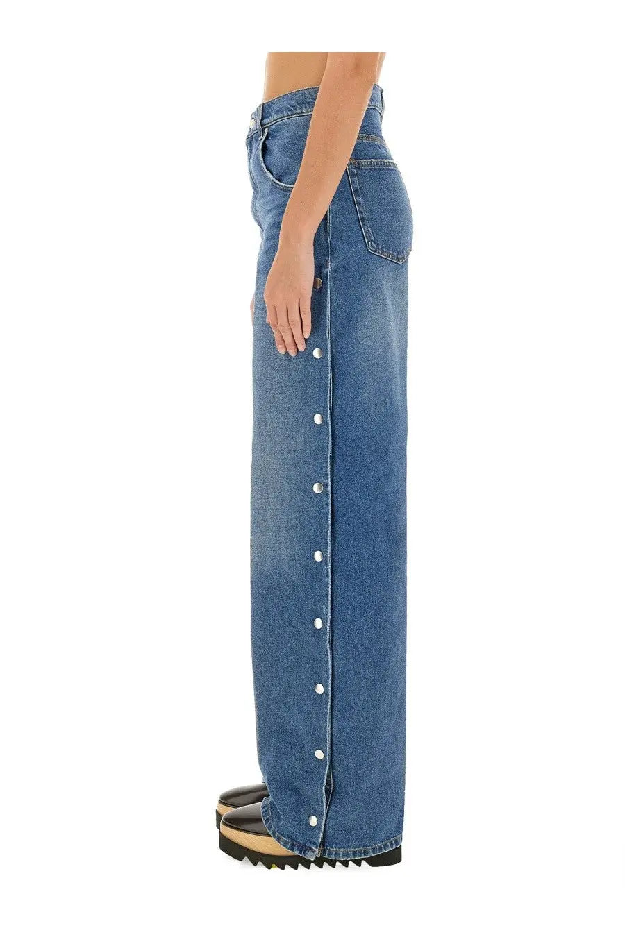 Stella McCartney women’s high-waisted wide-leg denim trousers in medium blue with vertical front button detailing