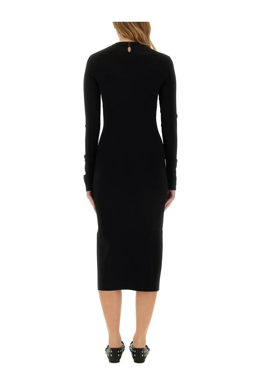 Stella McCartney women’s black midi dress with fitted silhouette and subtle back detail shown from the back side