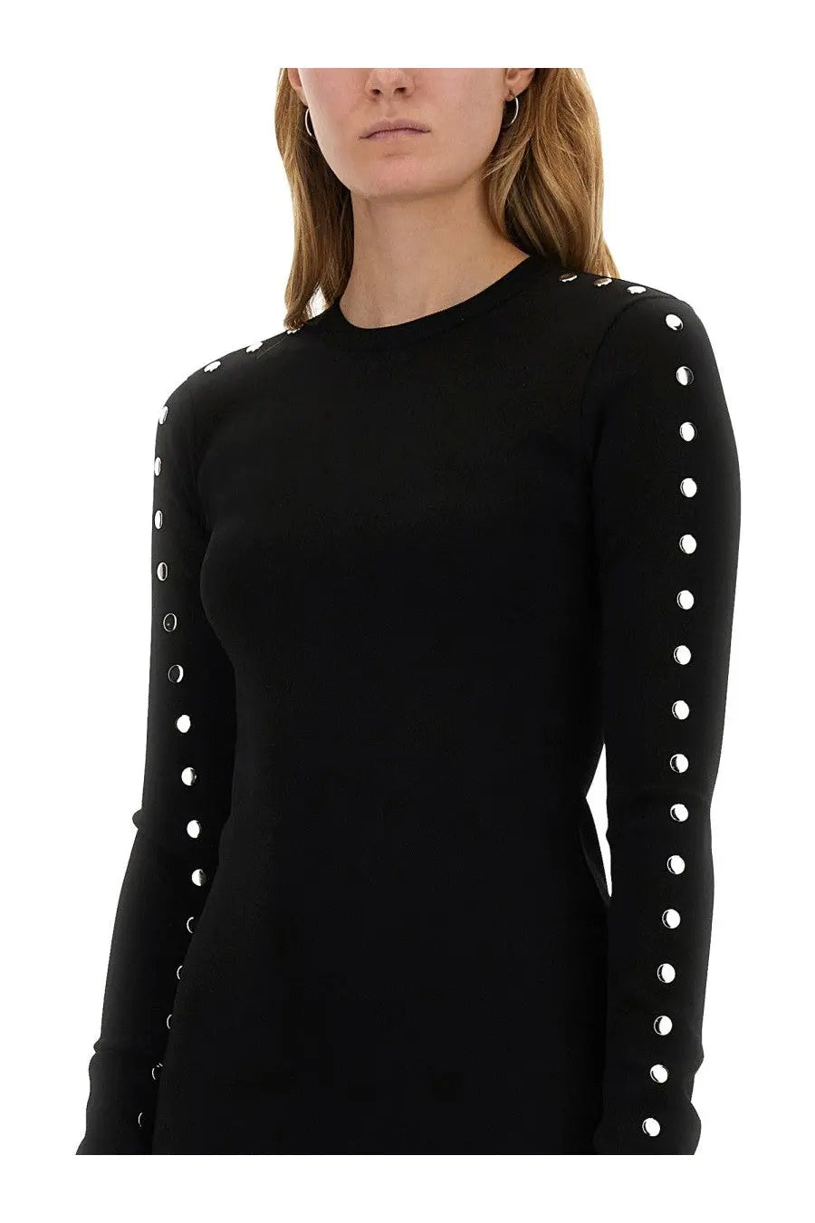 Stella McCartney women’s black midi dress with long sleeves and silver circular studs down each sleeve