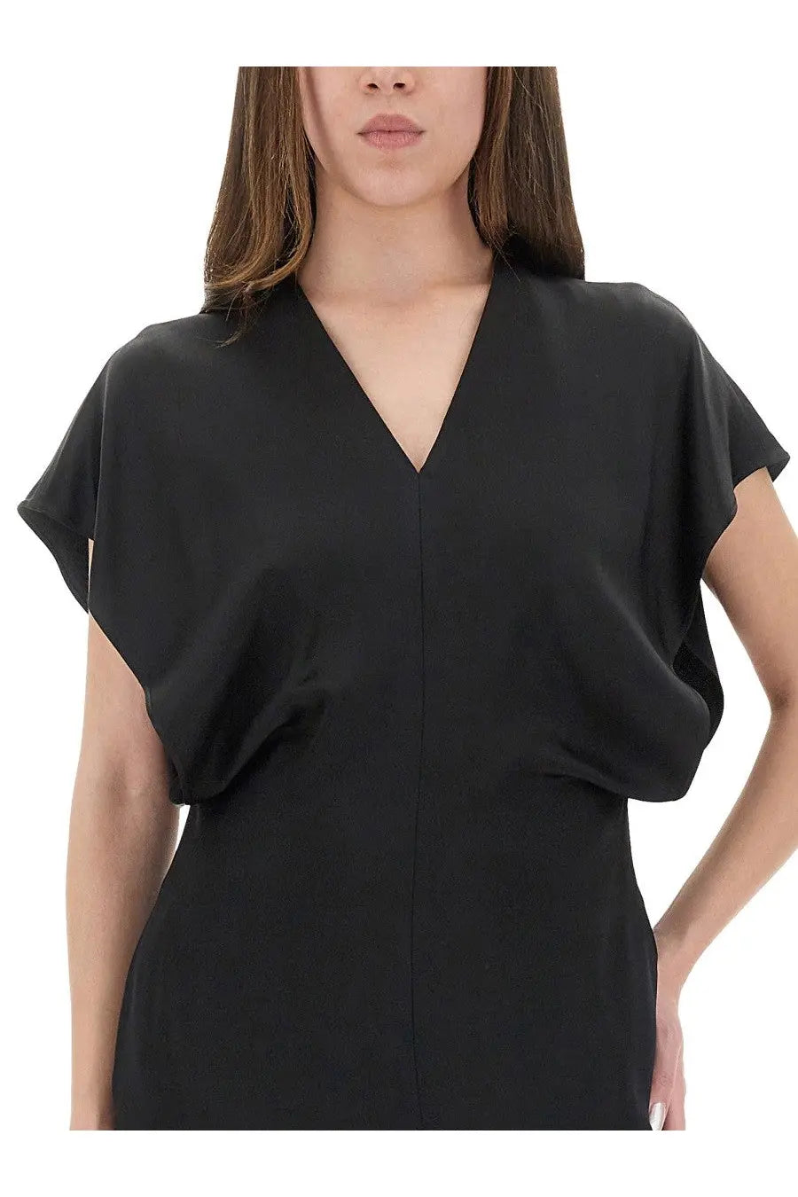 Stella McCartney women’s black midi dress in satin with v-neckline and short flowing sleeves