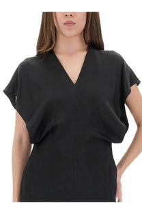 Stella McCartney women’s black midi dress in satin with v-neckline and short flowing sleeves