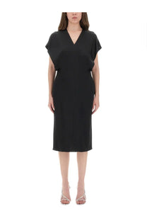 Stella McCartney women’s black satin midi dress with v-neck and short flutter sleeves front view
