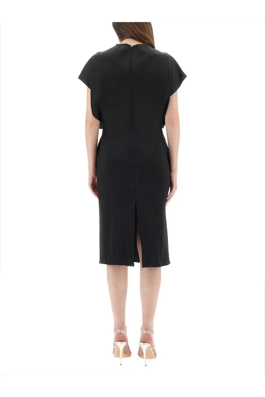 Back view of Stella McCartney women’s black sleeveless midi dress with central zipper and slit at the hem