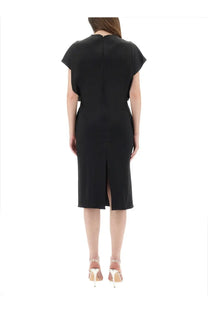 Back view of Stella McCartney women’s black sleeveless midi dress with central zipper and slit at the hem