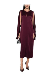Stella mccartney women’s flowing burgundy satin midi dress with long sleeves and cut-out shoulder panels