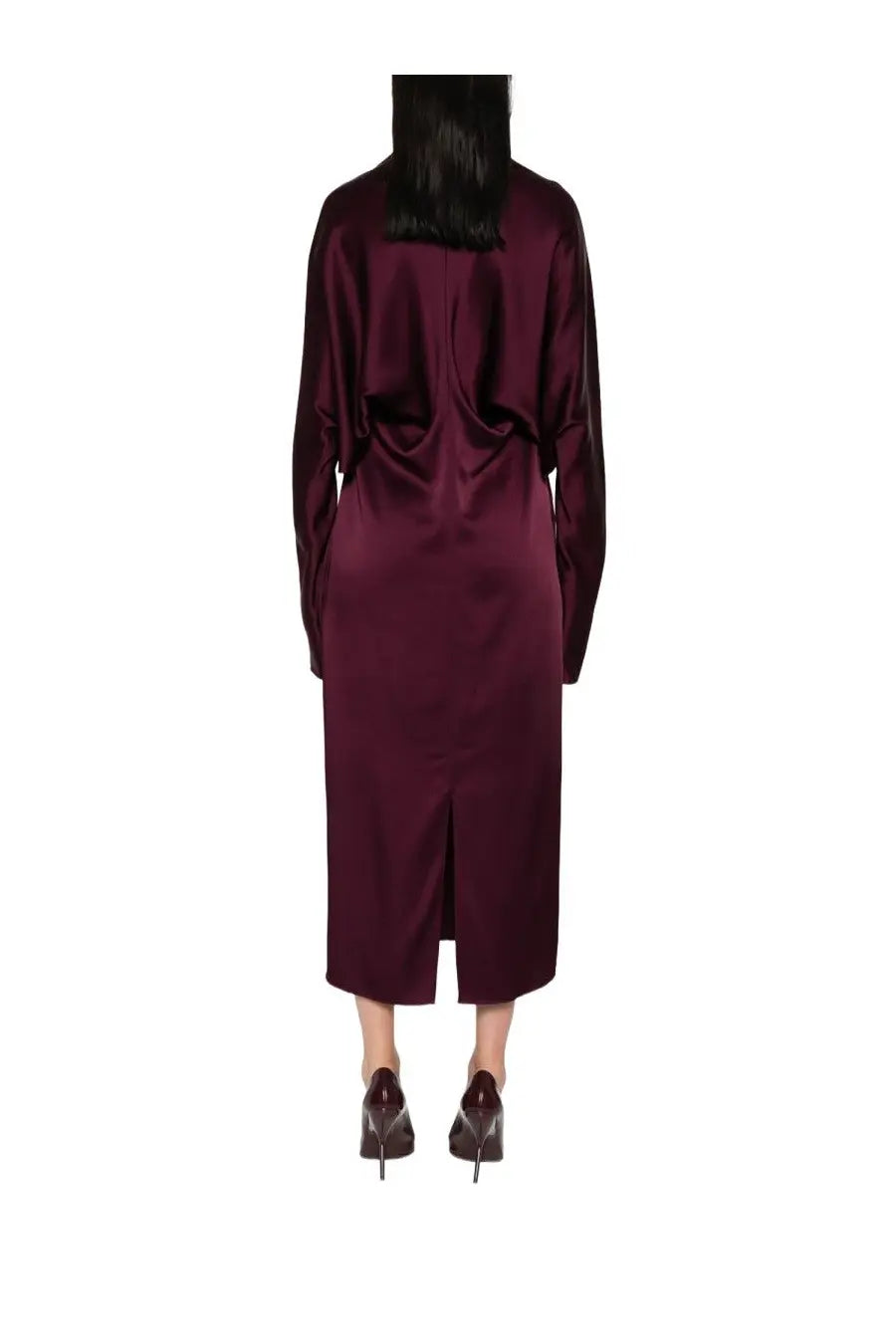 A sleek burgundy satin midi dress with long sleeves and high neckline by Stella McCartney women