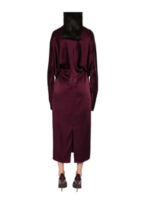 A sleek burgundy satin midi dress with long sleeves and high neckline by Stella McCartney women