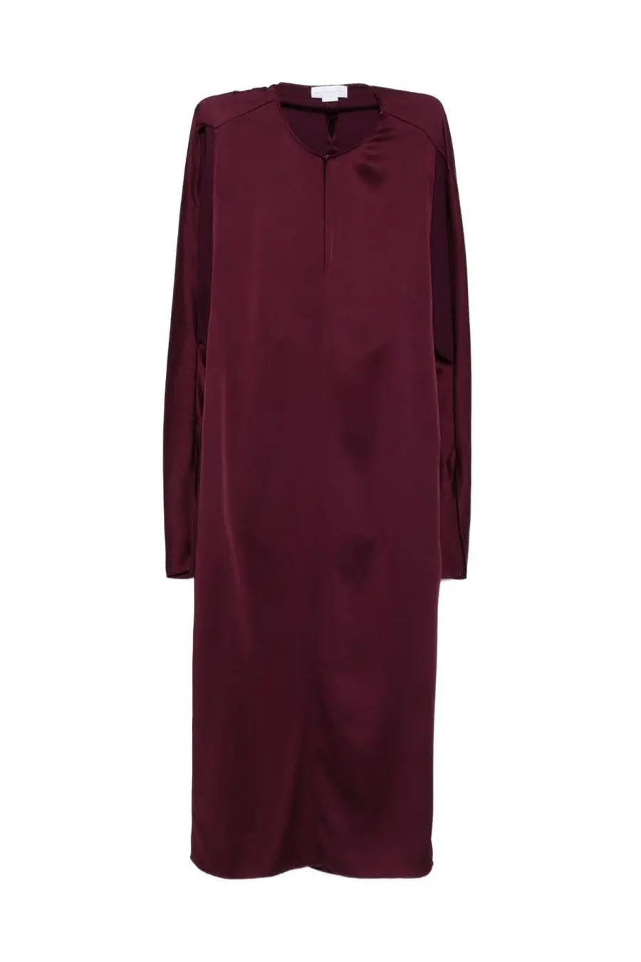 A sleek burgundy silk midi dress with high neckline and long sleeves by Stella McCartney for women