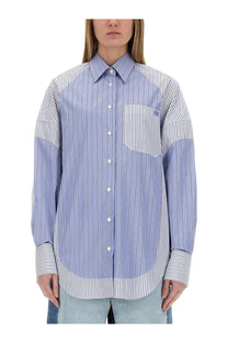 Stella McCartney women’s blue mixed stripe button-up shirt with patchwork sleeves and chest pocket