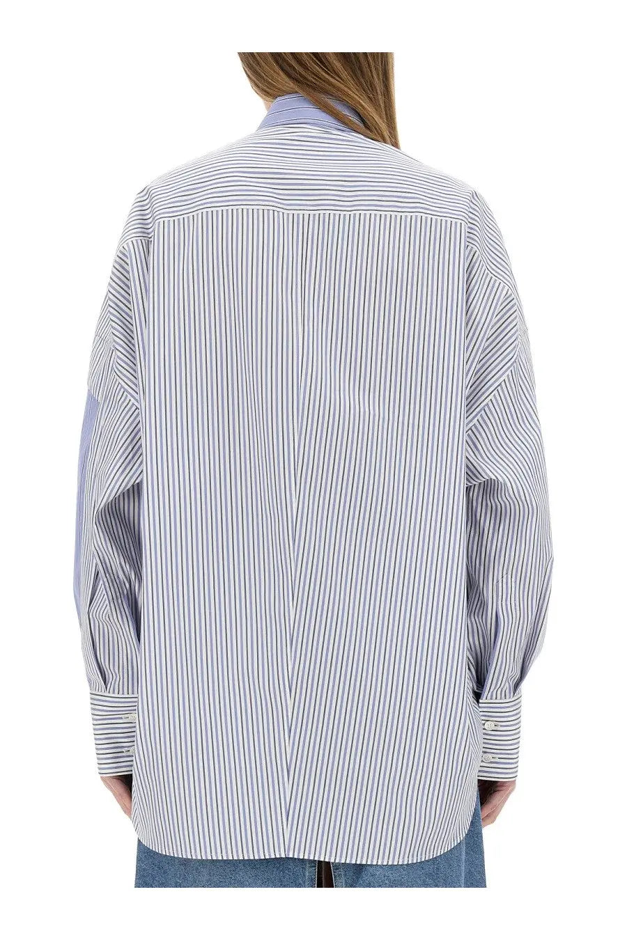 Stella McCartney women’s loose-fitting oversized button-up shirt with white and navy blue stripes and lavender patch