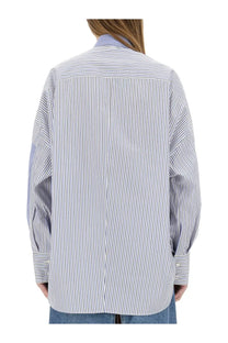 Stella McCartney women’s loose-fitting oversized button-up shirt with white and navy blue stripes and lavender patch