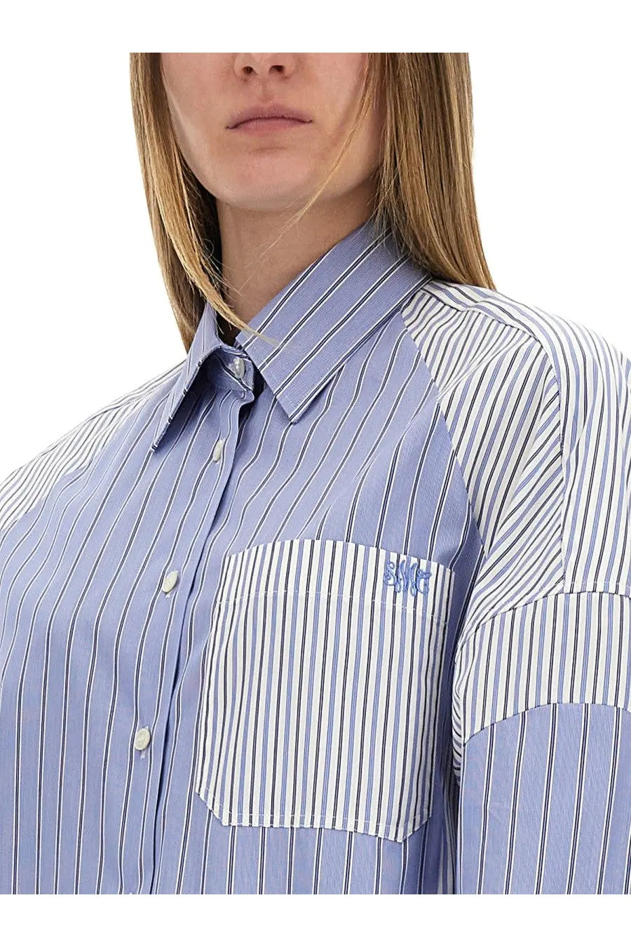 Stella McCartney women’s blue and white vertically striped button-up shirt with matching pocket and embroidered logo