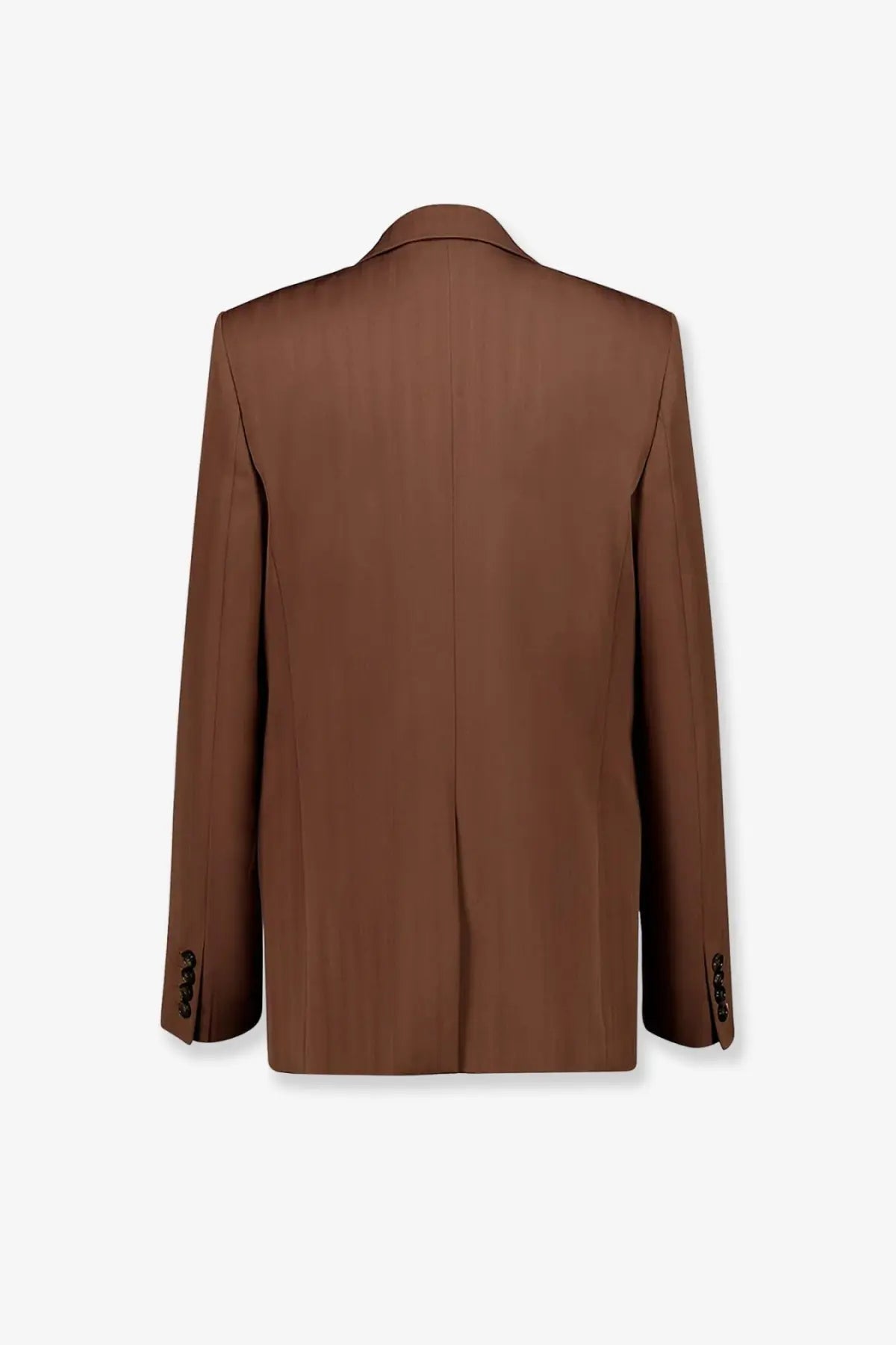 A sleek chocolate brown tailored blazer made from native regenerative wool by Stella McCartney for women