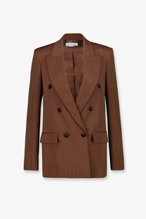 A sleek chocolate brown double-breasted blazer with structured silhouette and dark metallic buttons by Stella McCartney