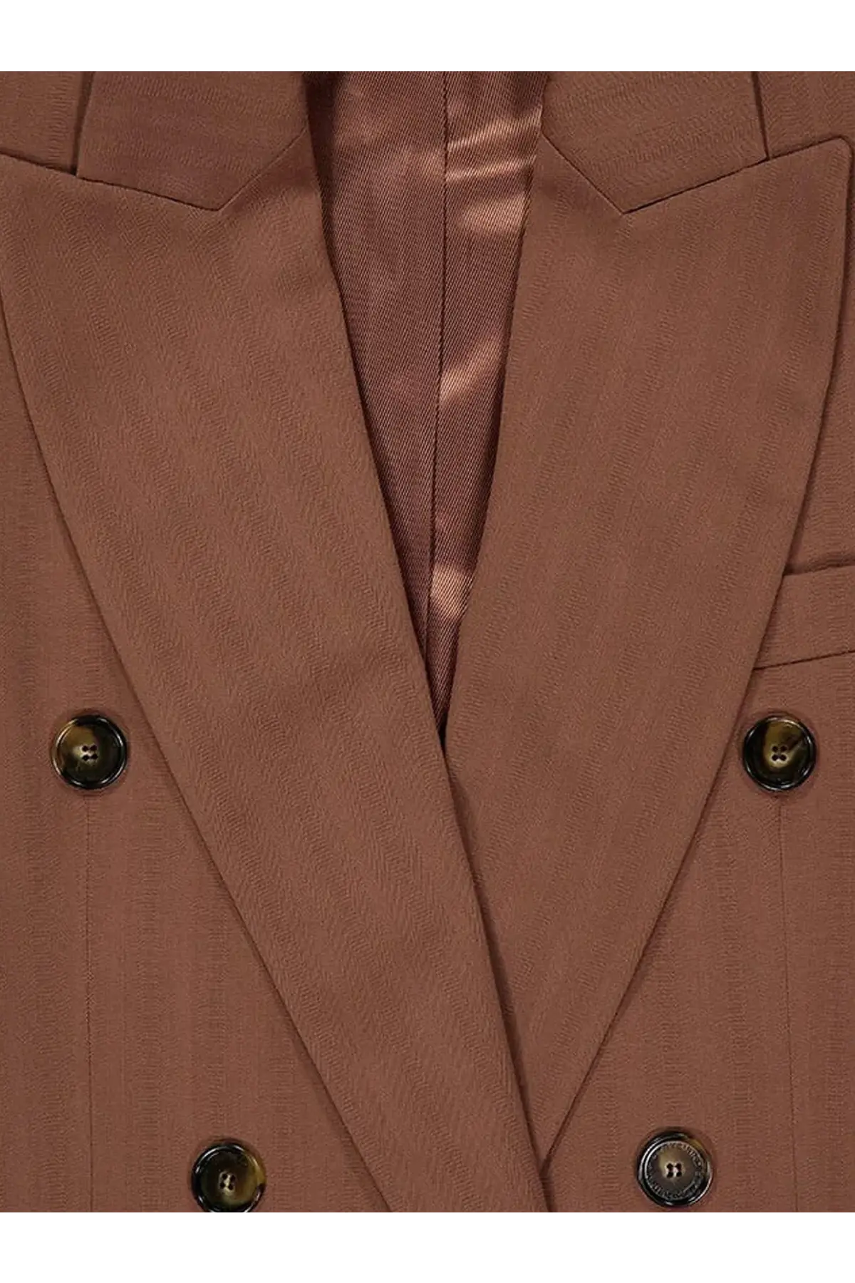 Stella McCartney women’s taupe double-breasted blazer with subtle herringbone weave and dark metallic buttons