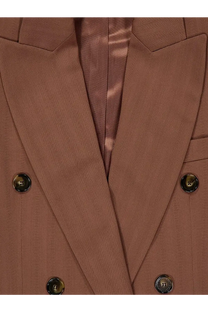 Stella McCartney women’s taupe double-breasted blazer with subtle herringbone weave and dark metallic buttons