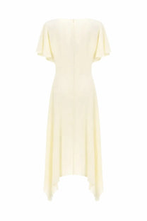 Stella McCartney women’s neck midi dress in pale yellow with short flutter sleeves and high-low hemline