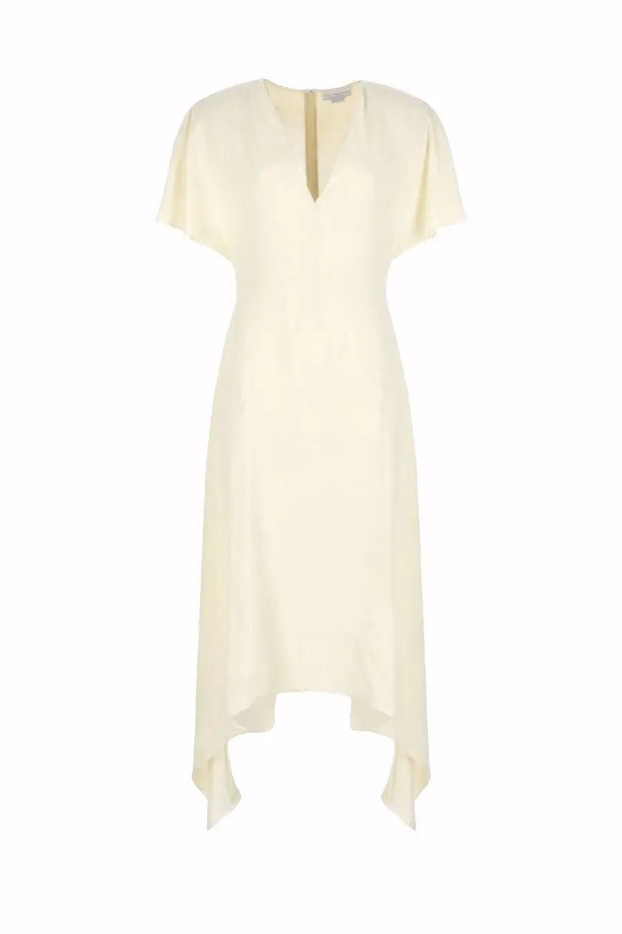 Stella McCartney women’s cream-colored midi neck dress with soft flowing fabric short flutter sleeves and asymmetrical hemline