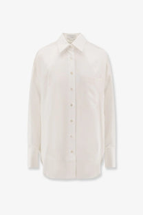 Stella McCartney women’s oversize off-white satin button-down shirt with classic collar and subtle texture