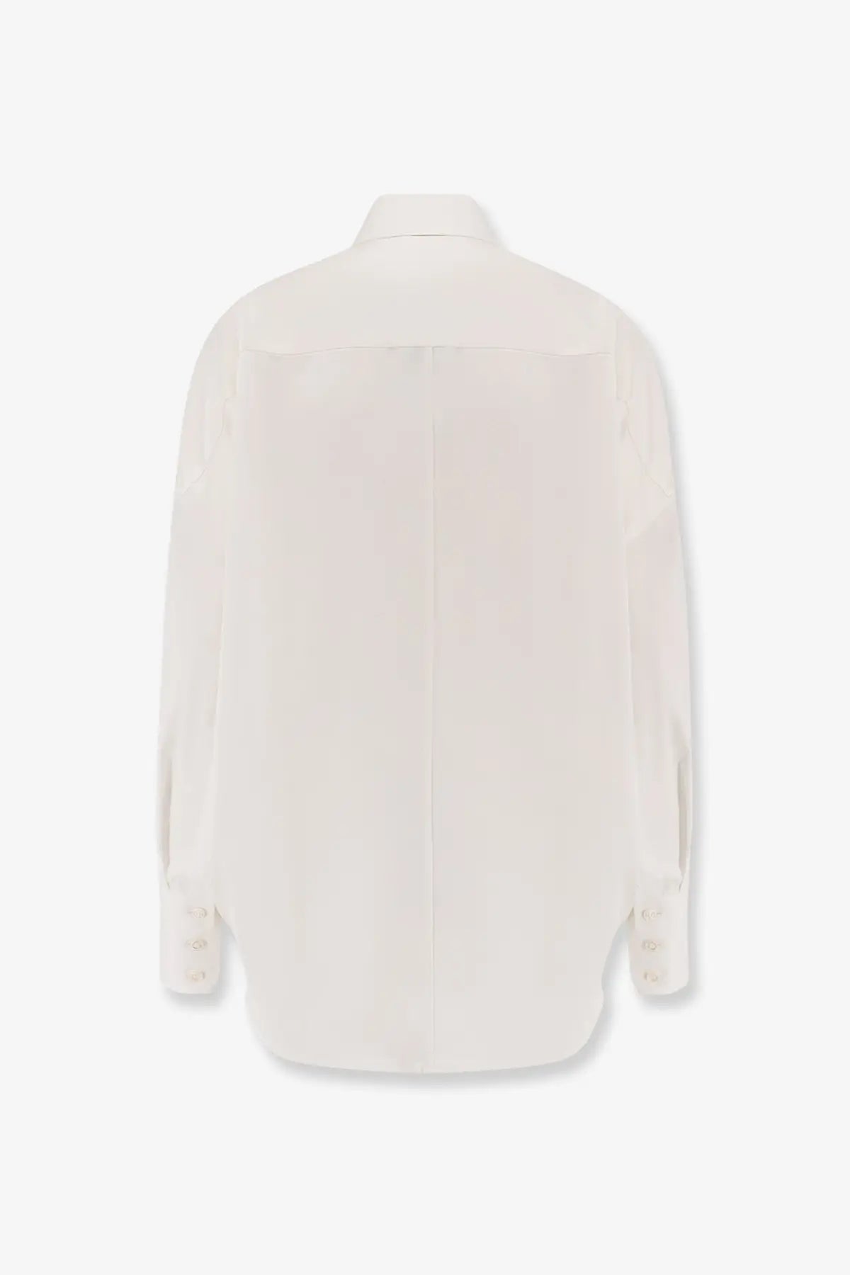 A sleek off-white silk Stella McCartney women’s oversize satin shirt with classic collar and buttoned cuffs