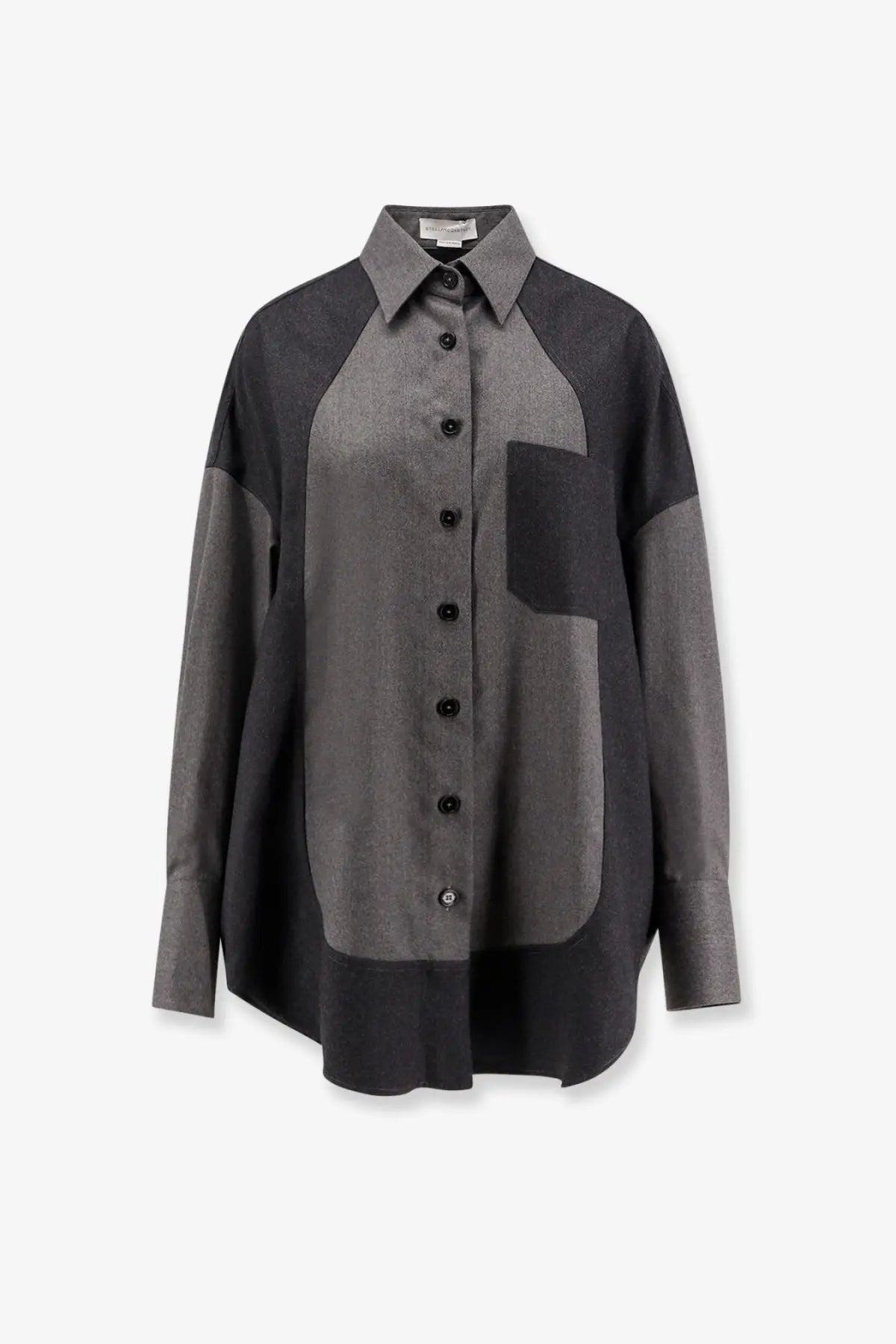 Stella McCartney women’s oversize wool shirt in dark gray patchwork with black collar cuffs and pocket accents