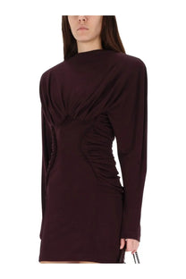 A sleek burgundy pleated mini dress by Stella McCartney with sculpted ruching and a high neckline for women
