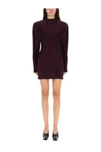 Stella McCartney women’s pleated mini dress brown structured long-sleeve burgundy with ruched sides and high neckline