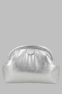 Stella McCartney women’s pochette Falabella morbida silver metallic clutch with rounded top and soft wrinkled texture