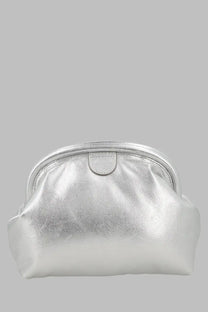 Stella McCartney women’s pochette Falabella morbida silver metallic clutch bag with rounded soft-structured design and metal clasp