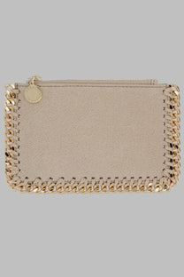 Stella McCartney women’s portacarte Falabella beige suede wallet with gold-tone chain-stitched edges and circular brand tag