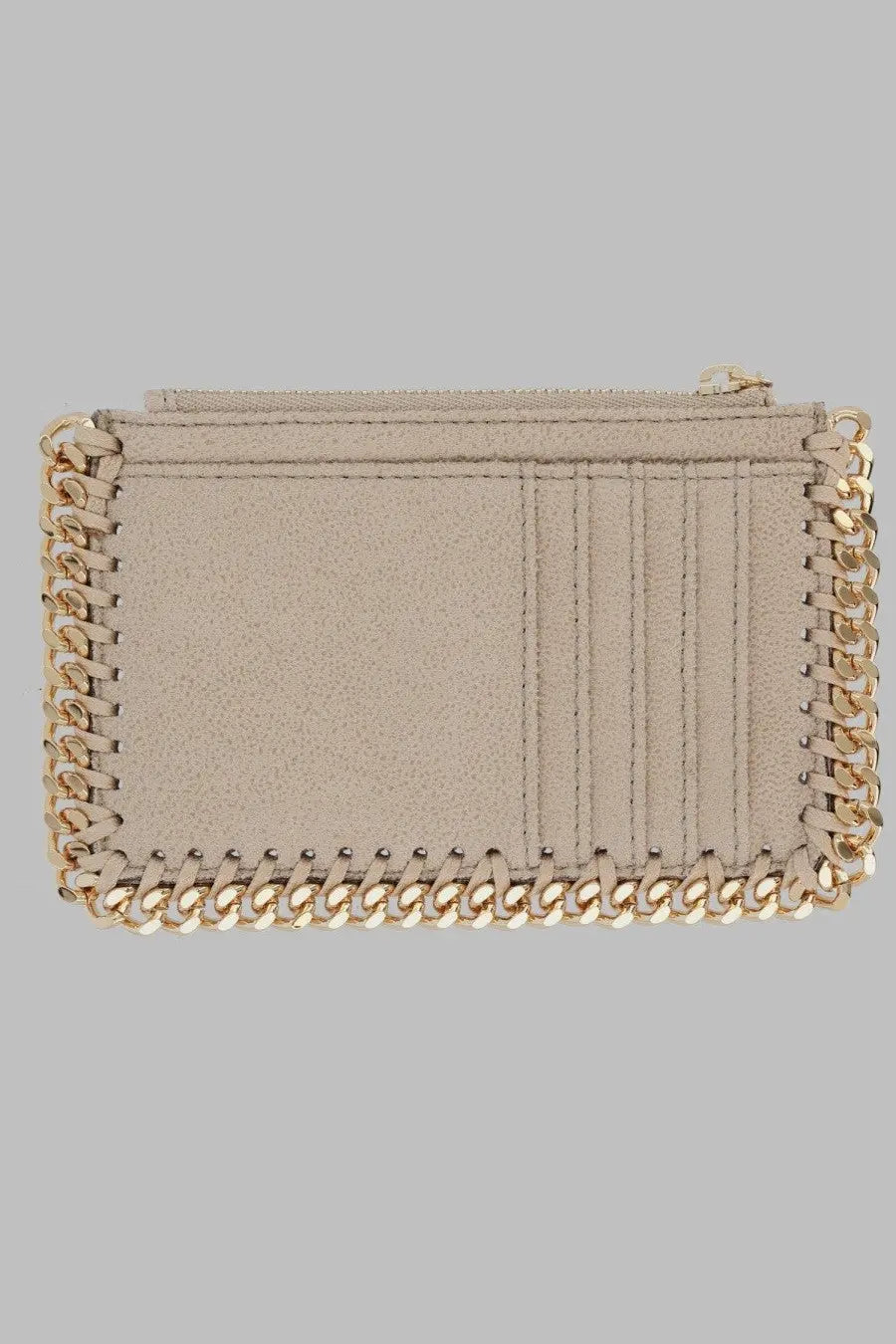 Beige suede stella mccartney women’s portacarte falabella wallet with gold-tone chain detailing along edges
