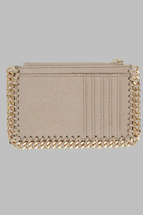 Beige suede stella mccartney women’s portacarte falabella wallet with gold-tone chain detailing along edges