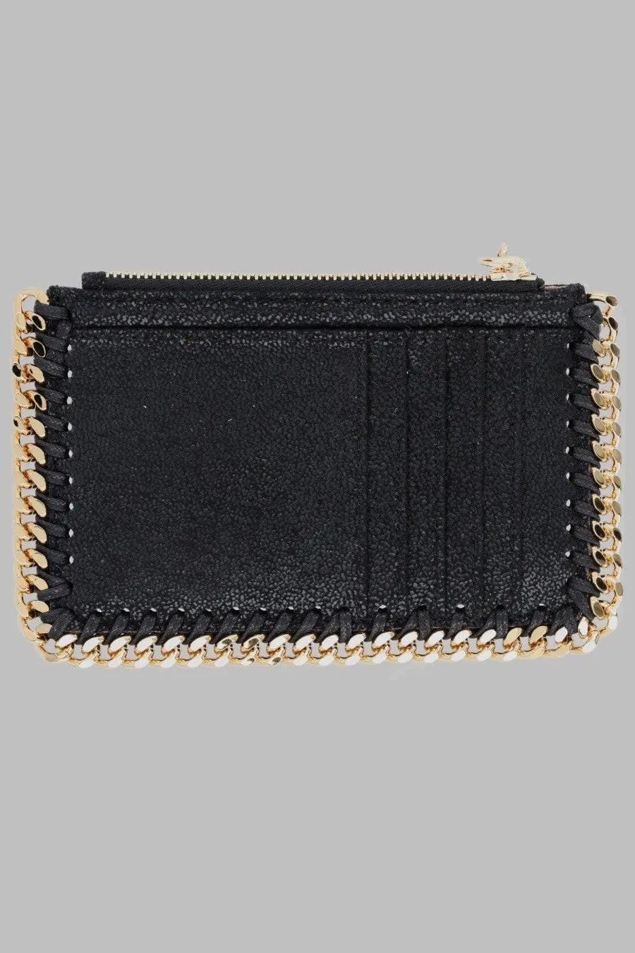 Stella McCartney women’s black leather portacarte falabella card case with gold-tone chain detailing and matching zipper pull