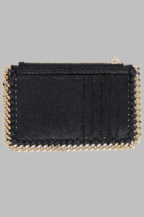 Stella McCartney women’s black leather portacarte falabella card case with gold-tone chain detailing and matching zipper pull
