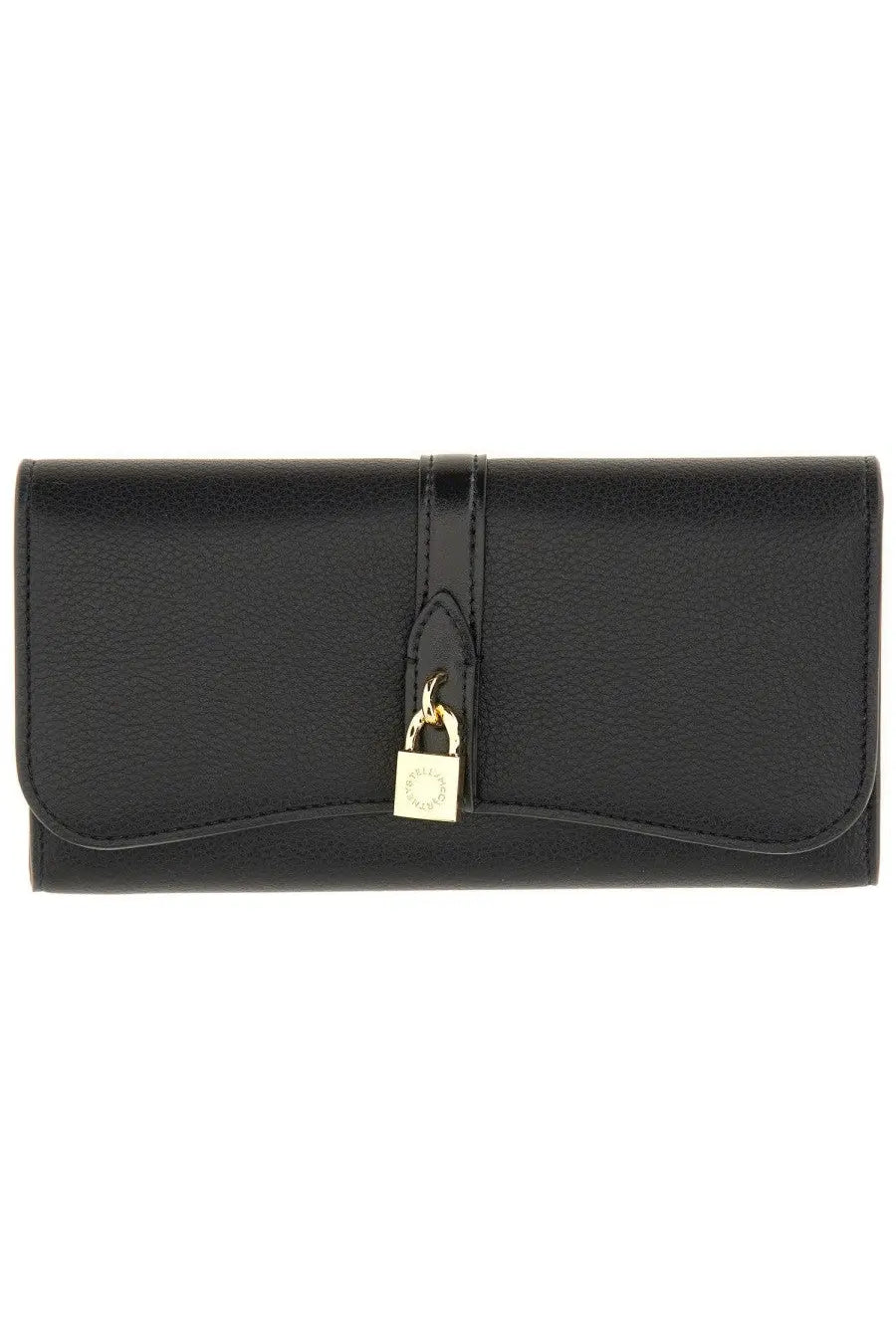 Stella McCartney women’s black leather clutch portafoglio Ryder with gold-tone padlock closure