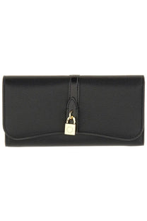 Stella McCartney women’s black leather clutch portafoglio Ryder with gold-tone padlock closure