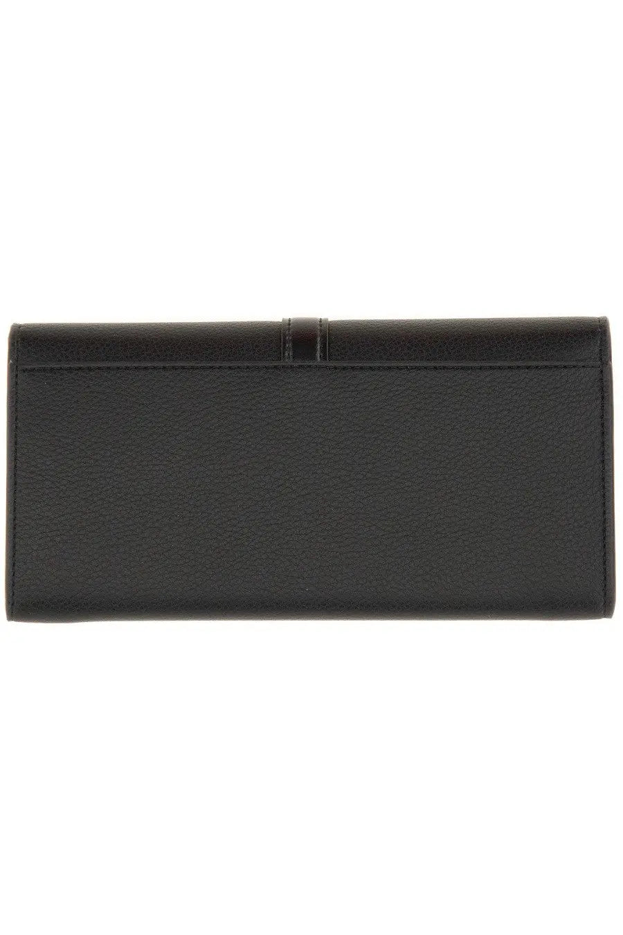 Black textured leather clutch with a sleek, minimalist design and subtle stitching along the edges.