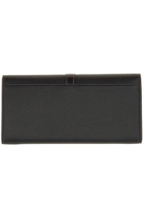 Black textured leather clutch with a sleek, minimalist design and subtle stitching along the edges.