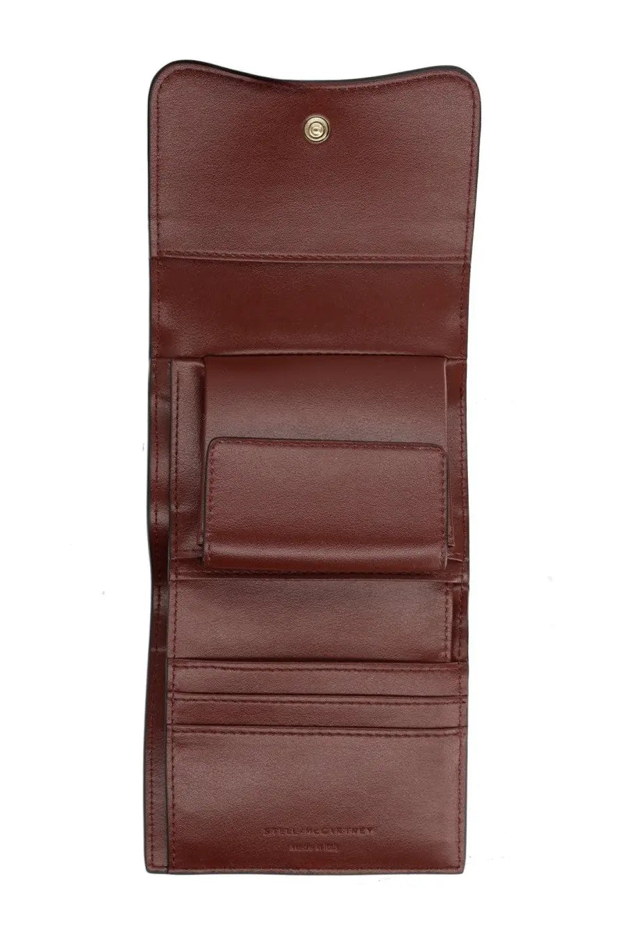 Brown leather wallet with gold-toned snap button closure and multiple card slots from stella mccartney portafoglio ryder