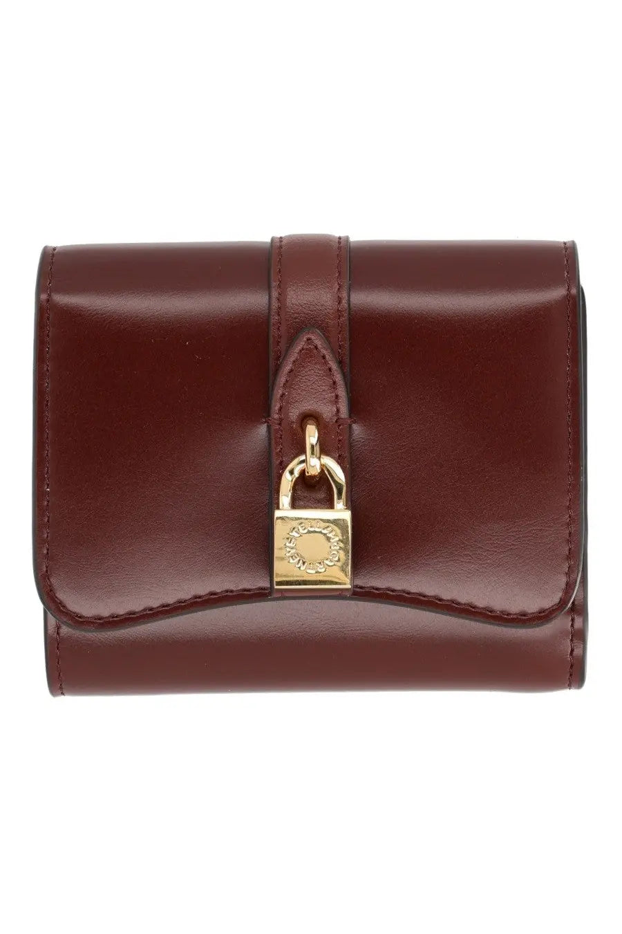 A sleek burgundy leather stella mccartney women’s portafoglio ryder trifold wallet with gold padlock closure and embossed logo